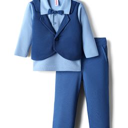 Babyhug Knit Full Sleeves Solid Color Shirt Attached Waistcoat & Trouser Set with Bow Applique - Navy Blue-picture-31