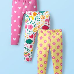 Babyhug Cotton Knit Full Length Leggings with Heart & Floral Print Pack Of 3 - Pink & Yellow-image-106