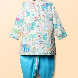 Babyhug Woven Full Sleeves Textured Kurta & Dhoti Set With Floral & Animal Print - White & Light Blue-image-9