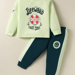 CUCUMBER Sinker Knit Full Sleeves T-Shirt & Lounge Pant Set With Nautical Theme Print - Sea Green-image-87