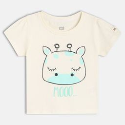 MINI KLUB Cotton Knit Half Sleeves Baby Cow Printed Top - Cream-picture-20