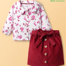 Babyoye Cotton Woven Full Sleeves Front Open Top & Skirt Set With Floral Print - White & Red-image-17