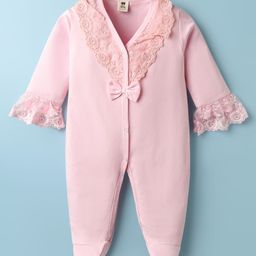 ToffyHouse Interlock Knit Full Sleeves Footed Sleep Suit With Lace Detailing - Pink-picture-11