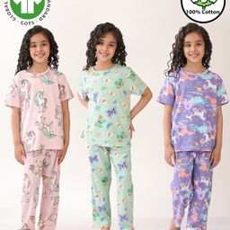 Anthrilo 100% Organic Cotton Knit Pack Of 3 Half Sleeves Unicorn & Butterfly Printed Coordinating Night Suits - Pink Green & Purple-image-27