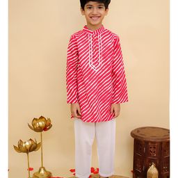 AJ Dezines Cotton Woven Full Sleeves Leheriya Printed & Gota Lace Embellished Kurta Pajama Set - Red-image-80