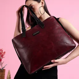 VISMIINTREND Stylish Handbag for Women & Girls Trendy Office Use Tote Bag Up to 15.6 Inch Laptop, Solid Vegan Leather Ladies Purse Travel Reguler Use Handbag - Wine-picture-47