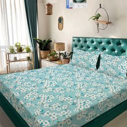 KLOTTHE Green Floral 300 TC Cotton Blend Double Bedsheet in Book Fold Packing-image-98