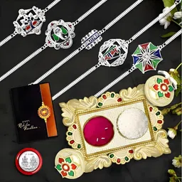 Set of 5 Rakhi Set Combo with Pooja Thali, Pooja Coin, Roli Chawal & Greeting Card-21