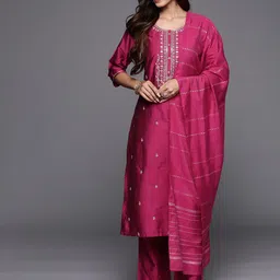Lilots Floral Embroidered Thread Work Kurta With Trousers & Dupatta-17