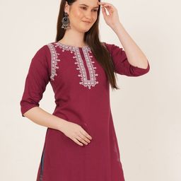 Brownverse Floral Embroidered V-Neck Khadi Kurti-image-41