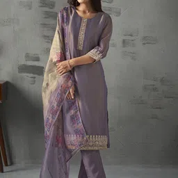 Anouk Floral Yoke Design Regular Thread Work Straight Kurta with Trousers & Dupatta-52