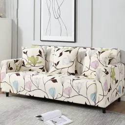 Aura White & Brown Printed Polyester 1 Piece Sofa Cover With Arms-image-46
