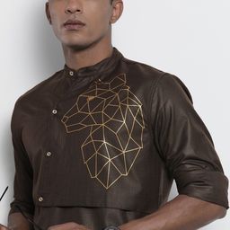 The Indian Garage Co Men Brown Printed Detail Layered Kurta-42