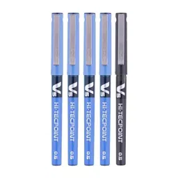 Pilot Hi-Tecpoint V5 0.5 mm Extra Fine Point Liquid Ink Roller Ball Pen, 4 Blue, 1 Black (Pack of 5)-image-97