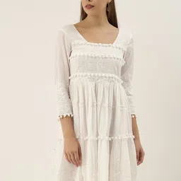Saanjh Women White Embroidered Tiered Fit and Flare Dress With Pom Pom Detailing-picture-12