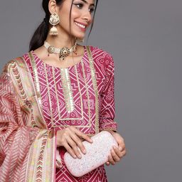 Varanga Women Fuchsia Pink & White Bandhani Printed Straight Kurta Trousers & With Dupatta-picture-29