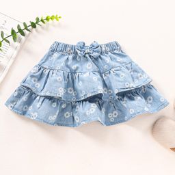 Babyhug Cotton Denim Layered Skirt Floral Print With Bow Applique- Blue-image-56