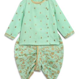 Tiber Taber Full Sleeves Motif Embroidered Kurta With Floral Print Dhoti - Green-image-80