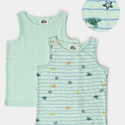 Mi Arcus 100% Cotton Pack Of 2 Sleeveless Sea Life Theme Printed Self Design Vests - Green-68
