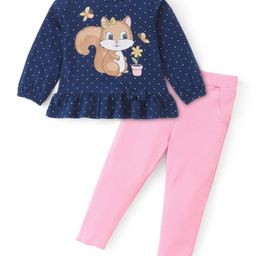 Babyhug 100% Cotton Knit Full Sleeves Top & Lounge Pant With Squirrel Print - Navy Blue & Pink-image-19