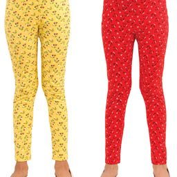 Kids Cave Pack Of 2 Cotton Jersey  Flower Printed Leggings - Yellow & Red-image-79