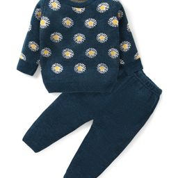 Babyhug Knitted Full Sleeves Floral Design Sweater Set - Navy Blue-picture-23