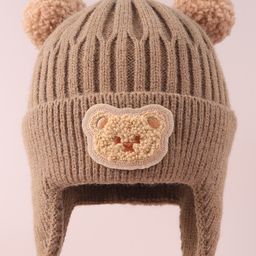 Babyhug Cable Knitted Woollen Cap with Teddy Bear Applique & Pom Pom - Khaki-image-40