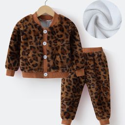 Kookie Kids Full Sleeves Cheetah Printed Winter Wear Co-Ord Set - Brown-image-66