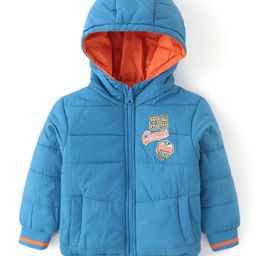 Babyhug Woven Full Sleeves Hooded Padded Jacket with Text Embroidery - Blue & Orange-image-3