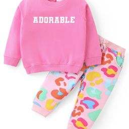 Babyhug Cotton Knit Full Sleeves Text Printed T-Shirt & Lounge Pants Set - Pink-image-36