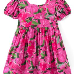 Babyhug Cotton Rayon Half Sleeves Knee Length Fit and Flare Frock Floral Print - Dark Pink-image-82