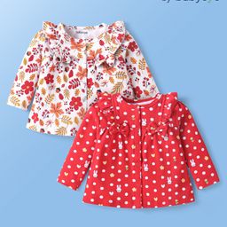 Babyoye Interlock Knit Full Sleeves Jhablas With Floral & Heart Print & Bow Applique Pack of 2 - Red & White-image-42