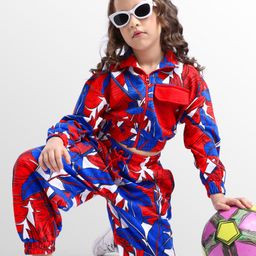 Ollington St. Cotton Looper Knit Leaves Printed Jacket & Joggers Co-Ord Set - Blue & Red-picture-30