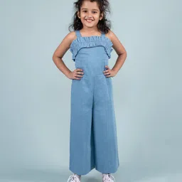 tweeny mini Pure Cotton Denim Sleeveless SolidJumpsuit - Blue-picture-2