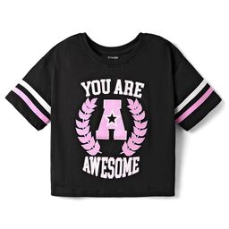 Pine Kids Cotton Knit Half Sleeves Drop Shoulder T-Shirt with You are AwesomePrint - Black-9