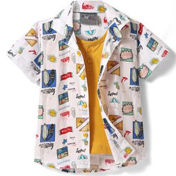 Dapper Dudes Half Sleeves Doodle Art Printed Shirt With Attached Tee - Mustard-image-87