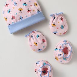 Ben Benny 100% Cotton Knit Space Theme Printed Cap Mitten Booties Set Pink - Diameter 9 cm-picture-15