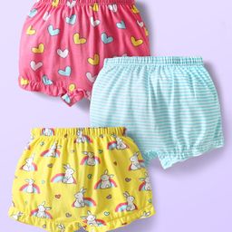 Babyhug 100% Cotton Bloomers With Stripes & Animal Prints Pack Of 3 - Dark Pink Yellow & Light Blue-image-11
