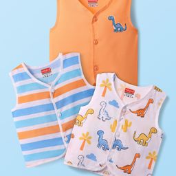 Babyhug 100% Cotton Sleeveless Front Open Stripes & Dino Printed Jhablas Pack Of 3 - Orange White & Light Blue-image-89