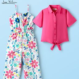 Arias Rayon Woven Floral Printed Jumpsuit & Half Sleeves Shirt With Tie Up Detailing - Pink & White-image-26