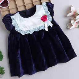 Many frocks & Velvet Half Puffed Sleeves Floral Applique Lace Detailed Dress - Blue-image-85