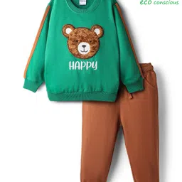 Babyoye 100% Cotton Knit Full Sleeves Winter Wear Sweatshirt & Lounge Pant Set with Bear Patch Detailing & Embroidery - Green-picture-1