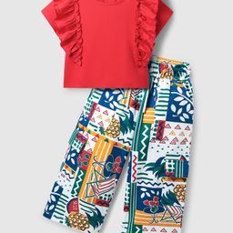 OLLINGTON ST. Cotton Knit Half Sleeves Top & Trackpant Set - Red & Multicolor-image-70