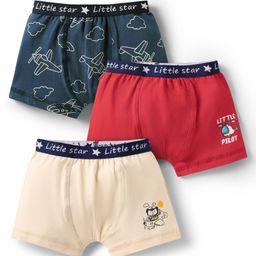 Babyoye 100% Cotton Knit Trunks with With Plane & Little Pilot Text Print Pack Of 3 - Red Navy Blue & Beige-image-10