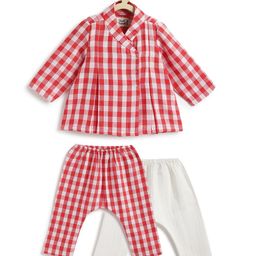 Tiber Taber 100% Cotton Woven Full Sleeves Checked Jhabla & Pants Set - Red & White-image-36