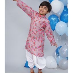 Little Bansi Muslin Woven Full Sleeves Leaves Printed Kurta Dhoti - Dusky Rose-image-95