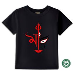 BLUSHES 100% Cotton Knit Durga Puja Theme Half Sleeves Maa Text Printed Tee - Black-picture-21