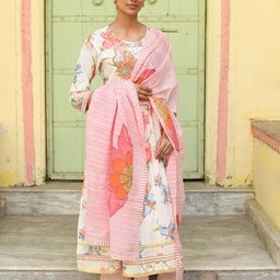 Rangeelo Floral Printed Regular Thread Work Pure Cotton Kurta With Trouser With Dupatta-18