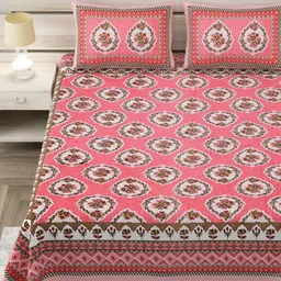 Aapno Rajasthan Pink & White Ethnic Motifs 144 TC King Bedsheet with 2 Pillow Covers-image-83
