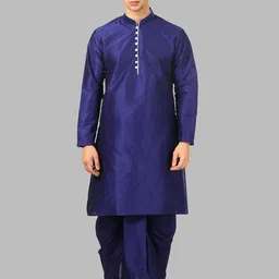 ROYAL KURTA Men Blue Solid Silk Blend Straight Kurta with Dhoti Pants-image-68